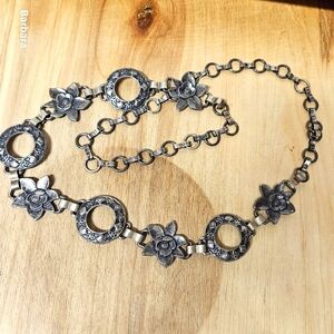 Vintage Antique Silver-tone Floral And Disc Relief Carving Panel Belt